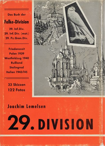 Rotes Buchcover mit schwarz-weißer Graphik oben rechts von Joachim Lemelsens Publikation "29. Divisionen".