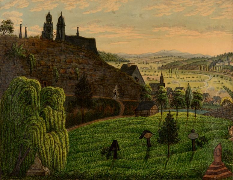 Kunstdruck, der den Friedhof mit Werthers Grab abbildet