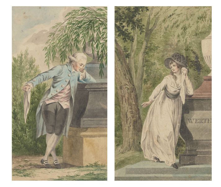 Zwei separate Zeichnungen, die Werther und Lotte jeweils am Grab stehend zeigen
