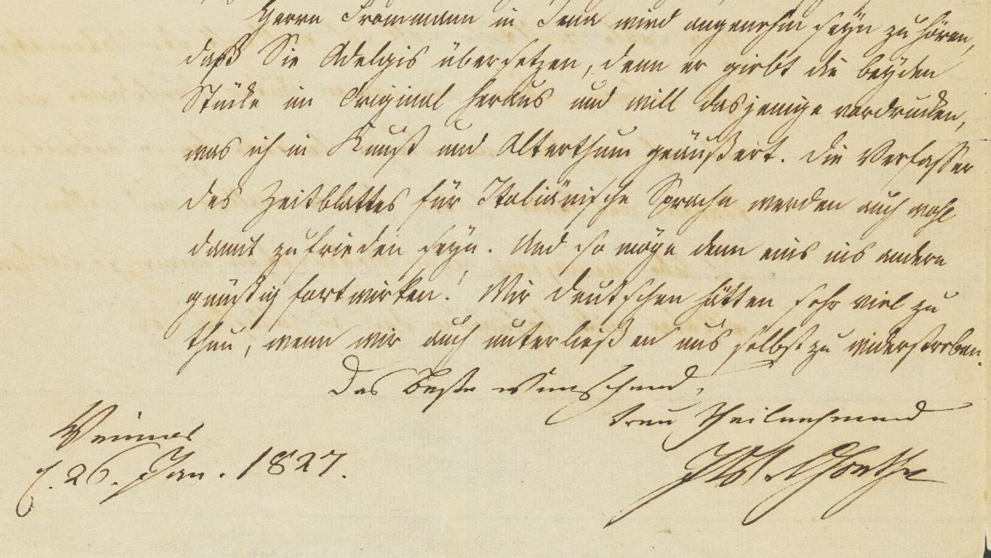 Goethes eigenhändige Abschlussformel und Unterschrift : „Das beste wünschend, / treu theilnehmend / JWvGoethe“